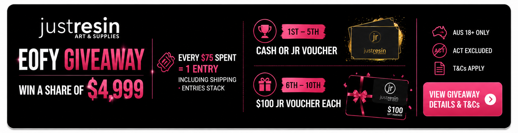 JustResin EOFY Giveaway banner with prizes and entry details on a black background